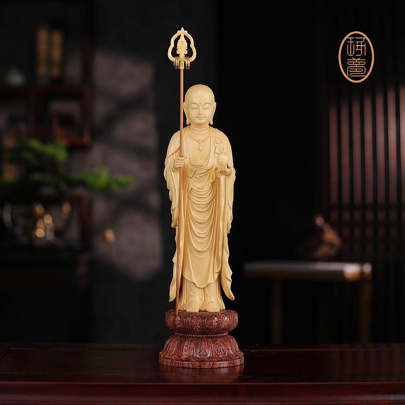 《地藏王》葉氏雕刻黄杨木非遗手工雕刻摆件客厅摆件送礼收藏工艺品