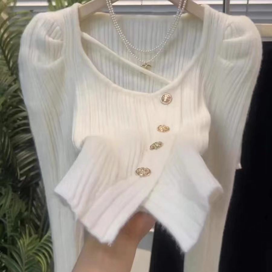 白色法式泡泡袖小心机纯欲针织衫女秋冬内搭甜辣妹毛衣长袖打底衫