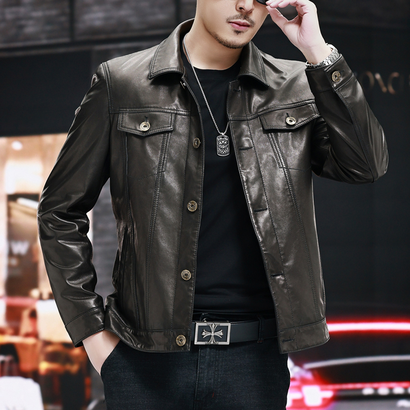 春秋装新款男士真皮皮衣休闲山羊皮半植鞣时尚外套黑色上衣25s