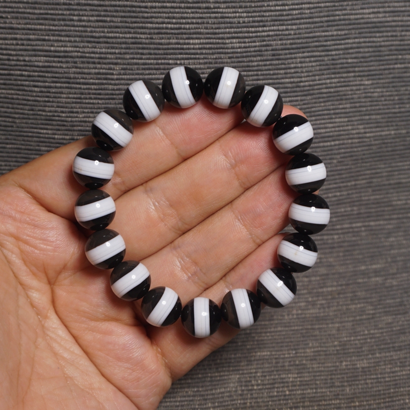 天然宽一线药师玛瑙手串 宽白线缠丝佛珠 圆珠男女手链12mm