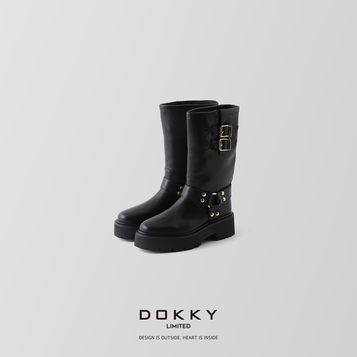 双旦【赛琳金扣中筒靴】DOKKY ｜进口小牛皮｜时髦机车骑士靴子