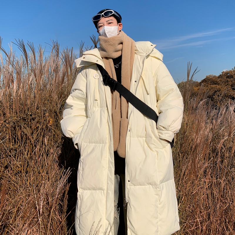 白色工装羽绒服男中长款冬季加厚保暖宽松大衣外套情侣痞帅高级感