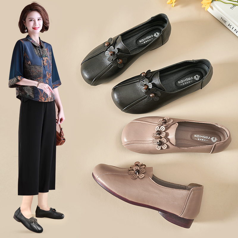 妈妈鞋中年舒适真皮软底防滑新款女鞋春秋款单鞋中老年平底女大码