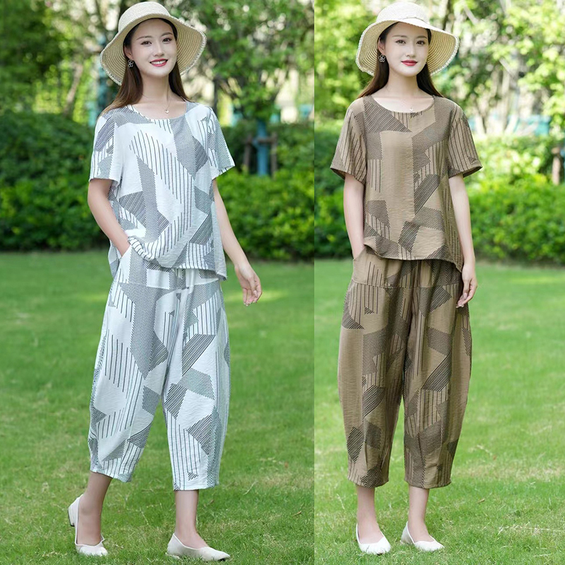夏季短袖套装时尚妈妈装洋气两件套2024宽松套装中年女装圆领外穿