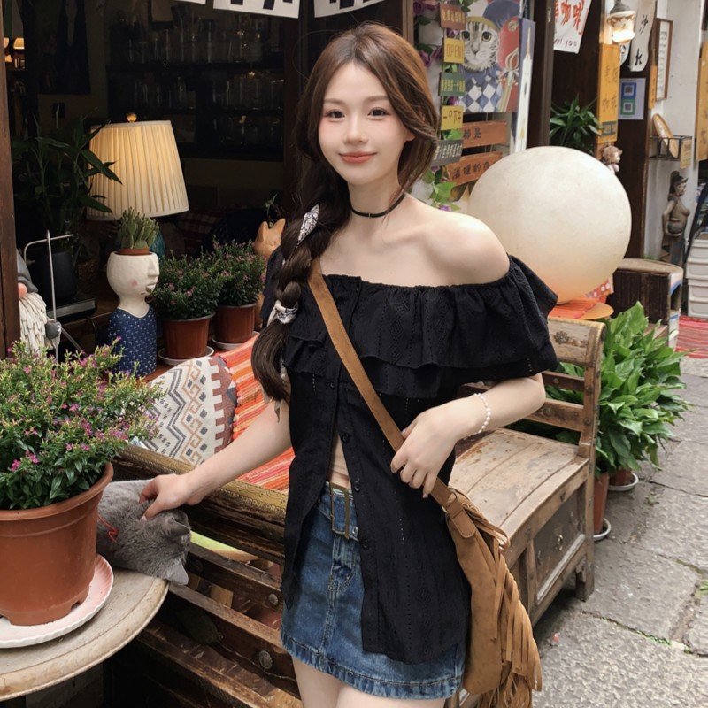 微胖MM女装夏季显瘦衬衫蕾丝短袖女款爆款2025新款一字肩上衣露肩