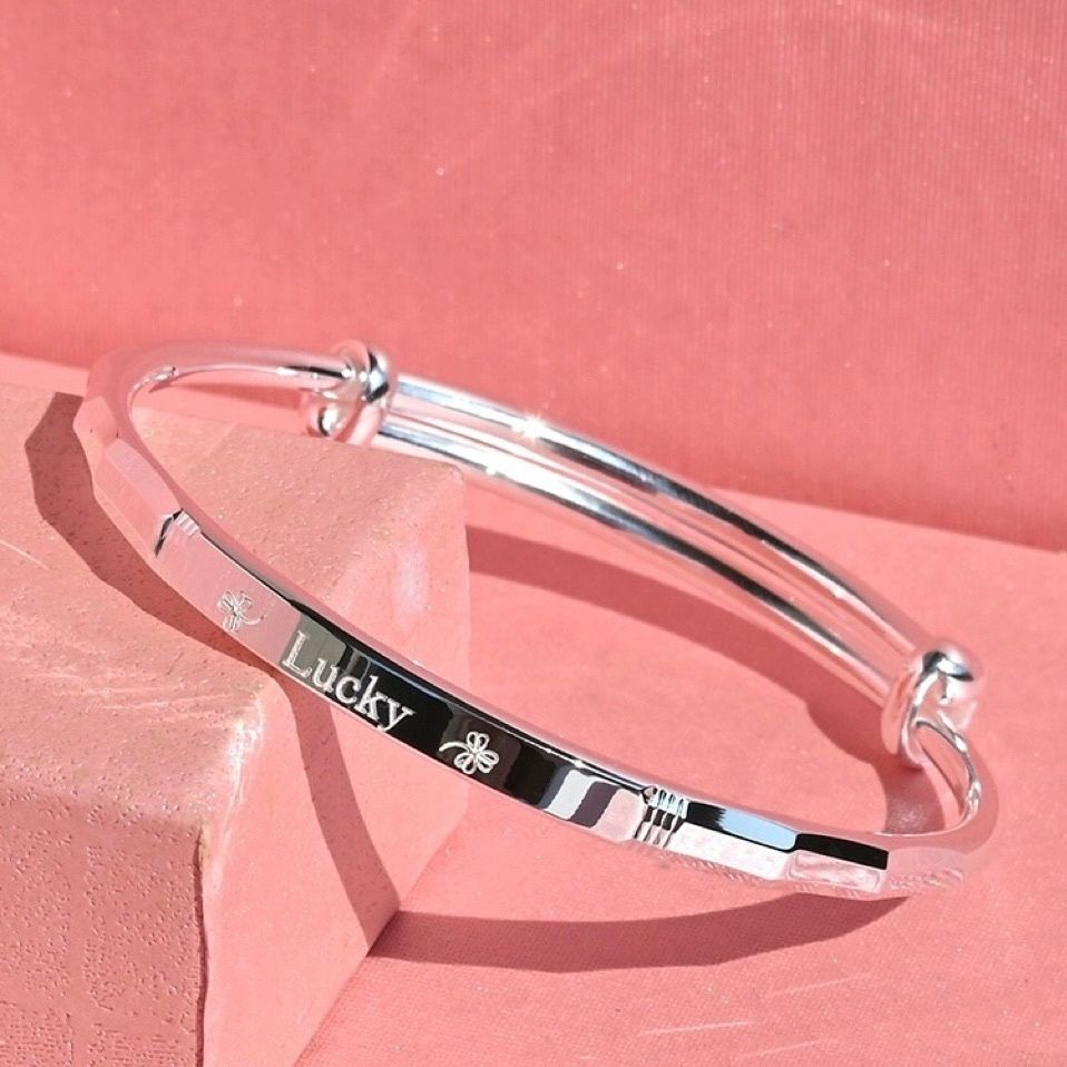 足银手镯 9999纯银手镯女百搭LUCKY幸运银镯子送老婆生日礼物简约