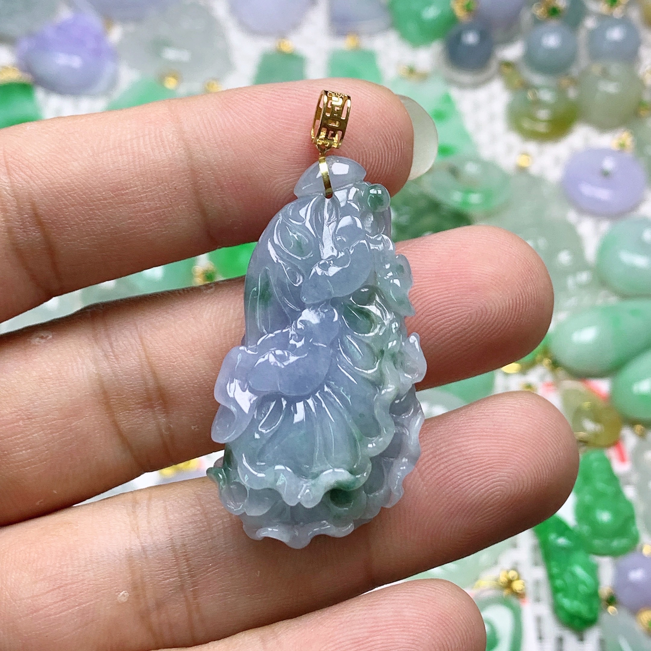 缅甸天然翡翠A货18k金镶紫罗兰飘花白菜吊坠36尺寸45.6x23.8x14.2