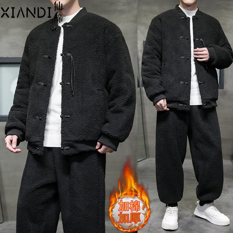 唐装男中国风冬季羊羔毛棉服套装复古加绒加厚棉袄大尺码棉衣两f