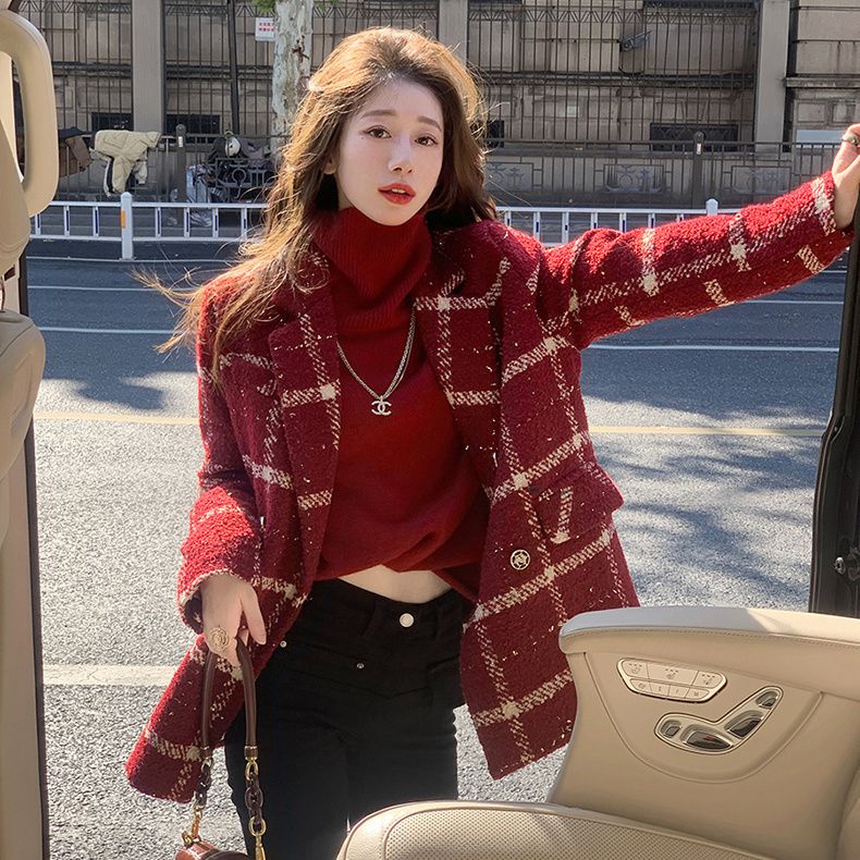 小香风外套女冬季2023新款小个子短款保暖格纹红色大衣
