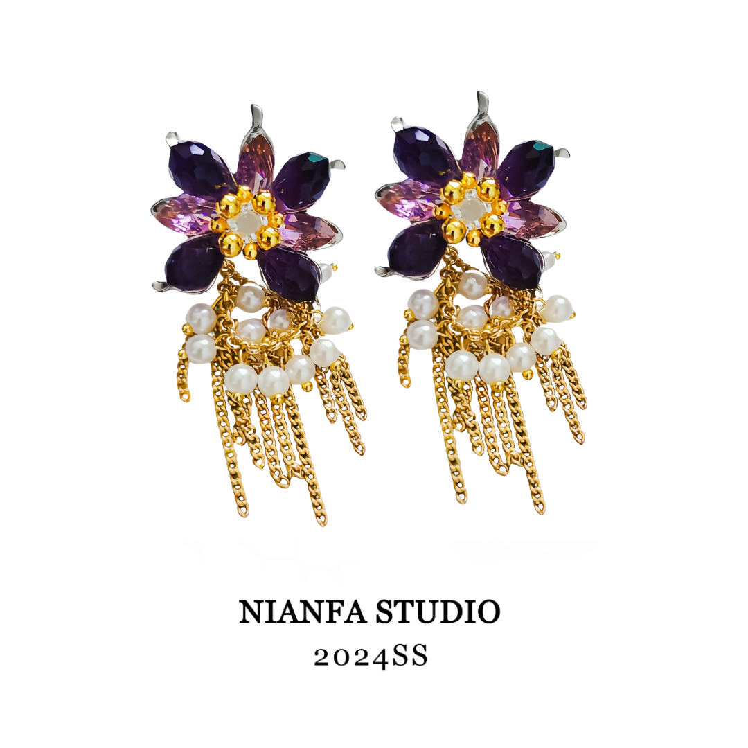 铜合金耳饰 【时尚设计师】时尚设计师款 深邃紫流苏耳饰轻奢复古