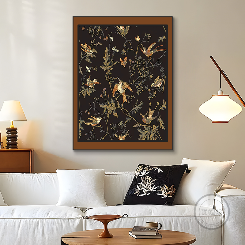 中古风客厅玄关装饰画法式复古卧室挂画百鸟凤鸣沙发背景墙落地画