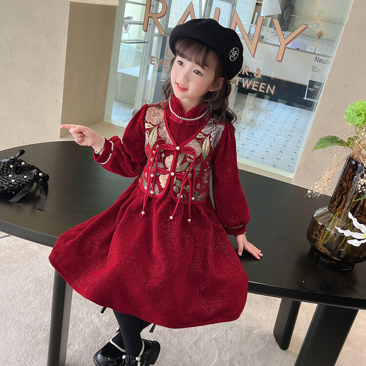 女童裙2024中式红色公主裙2-9岁小女孩儿童汉服女童2025新款爆款