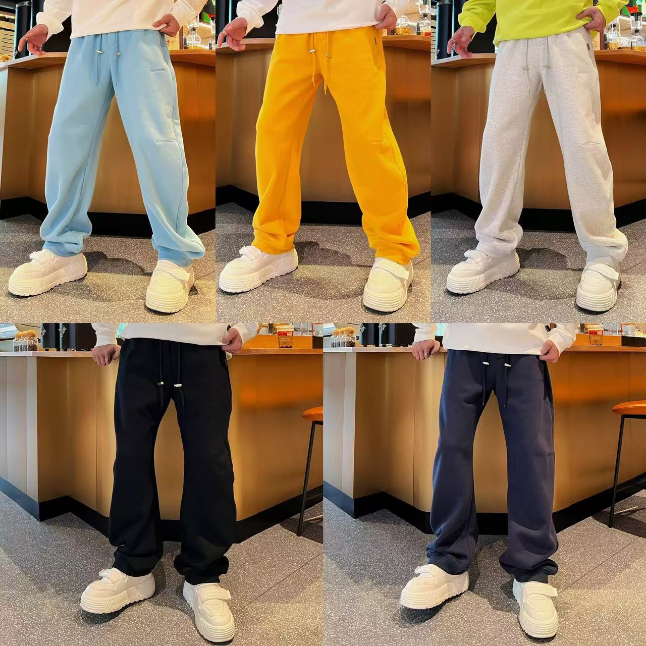 简约风纯色百搭加绒保暖秋冬款时尚日常男士松紧腰抽绳直筒休闲裤