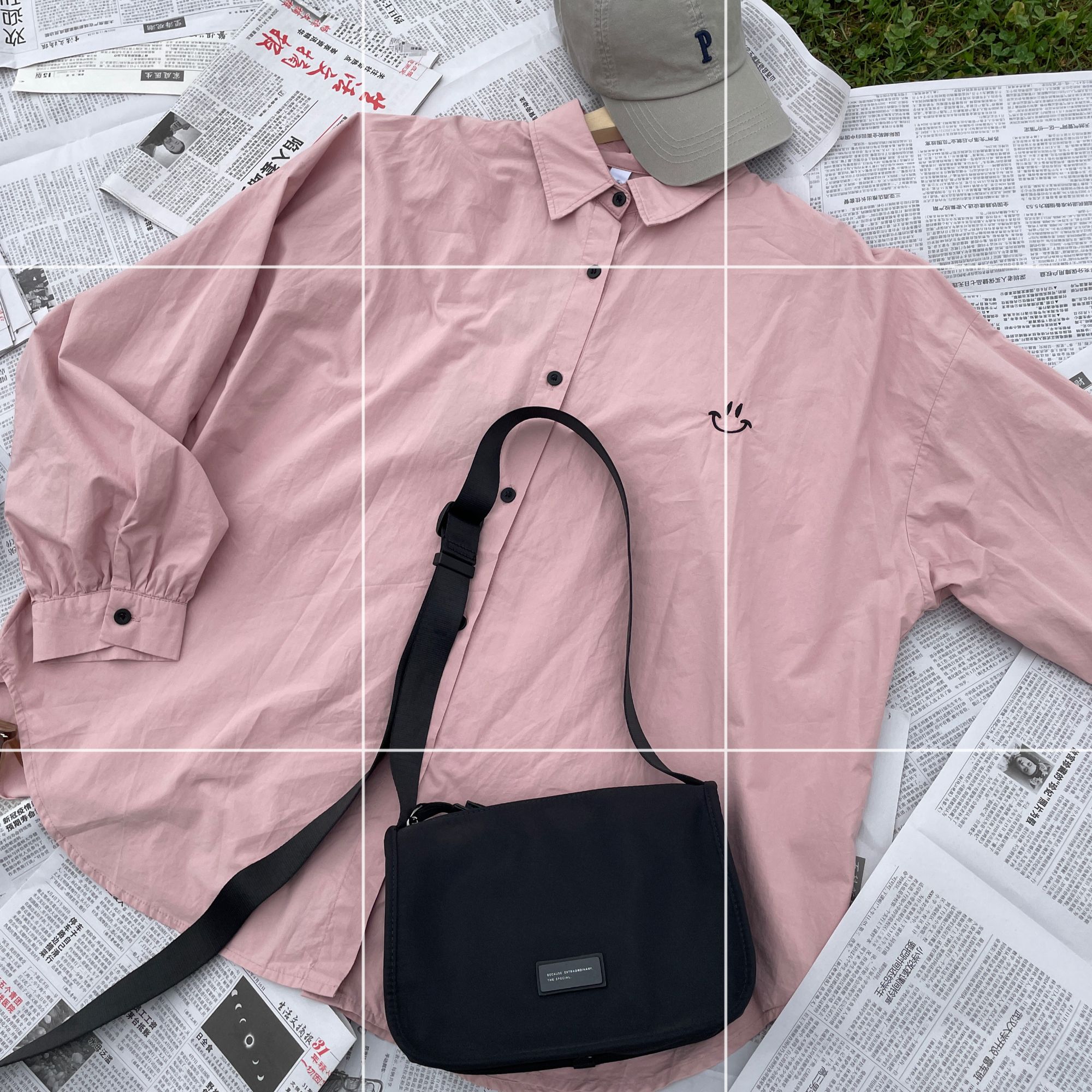 【夏季新品】休闲韩版刺绣笑脸粉衬衣  慵懒风