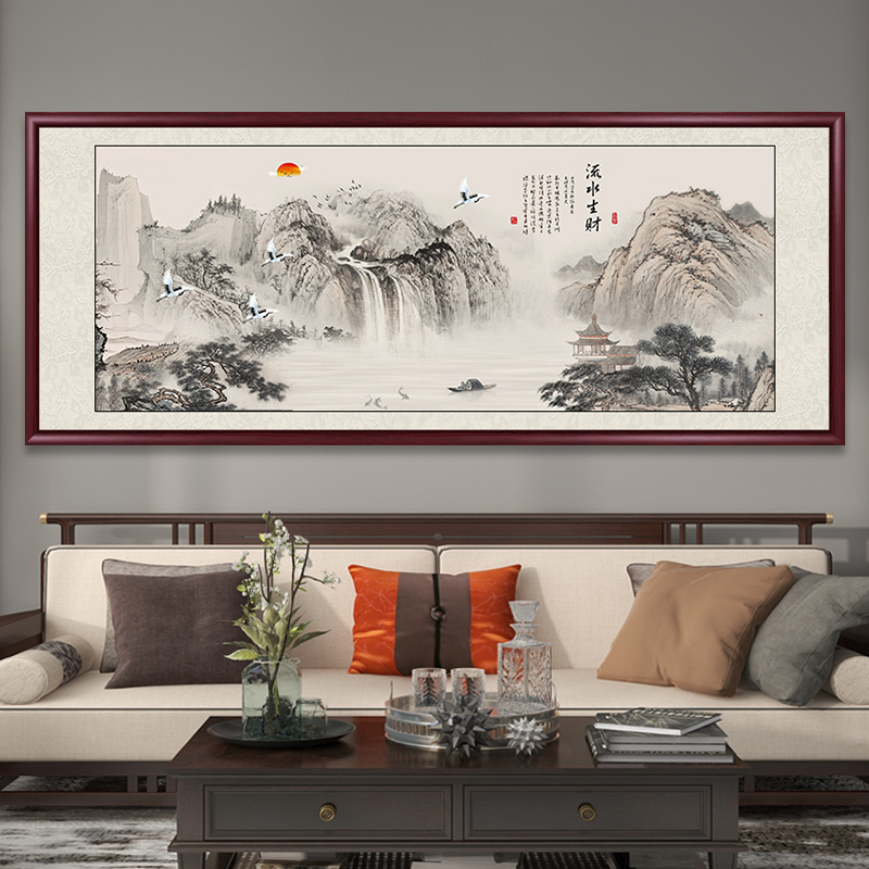 流水生财山水画国画客厅茶室挂画办公室装饰画中式沙发背景墙壁画