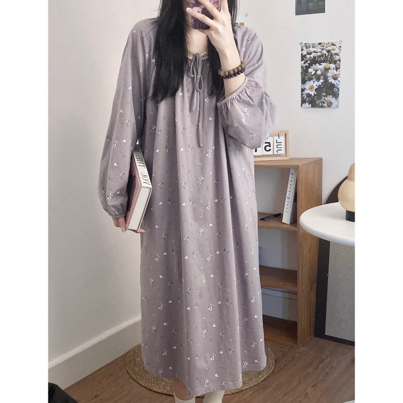 小羊家纯棉【紫色碎花睡裙】春秋舒适宽松显瘦过膝大码女生甜美外穿