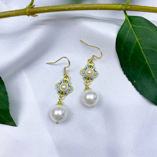 铜合金仿珍珠耳饰 白色贝珠女款耳坠百搭新中式复古民族风耳环2