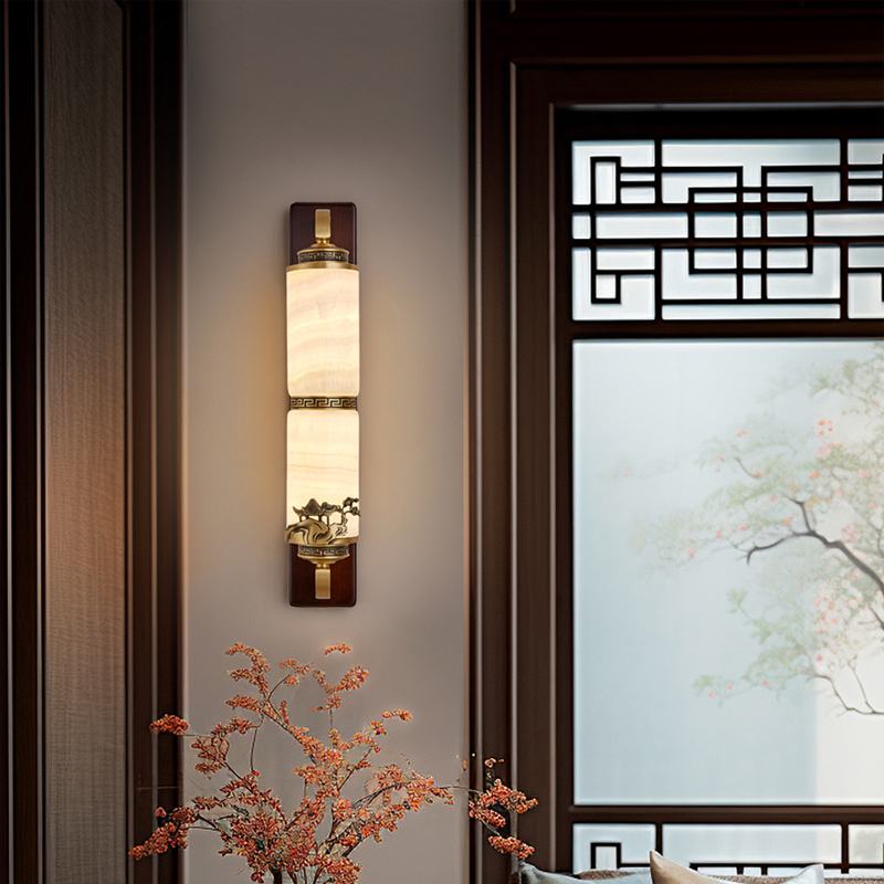 新中式铜加乌金木天然阿富汗玉石壁灯挑空壁灯客厅壁灯