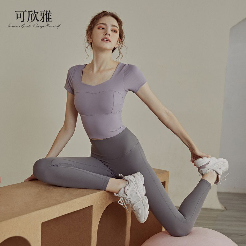 可欣雅瑜伽服套装女夏季新款短袖带胸垫运动上衣跑步训练健身衣