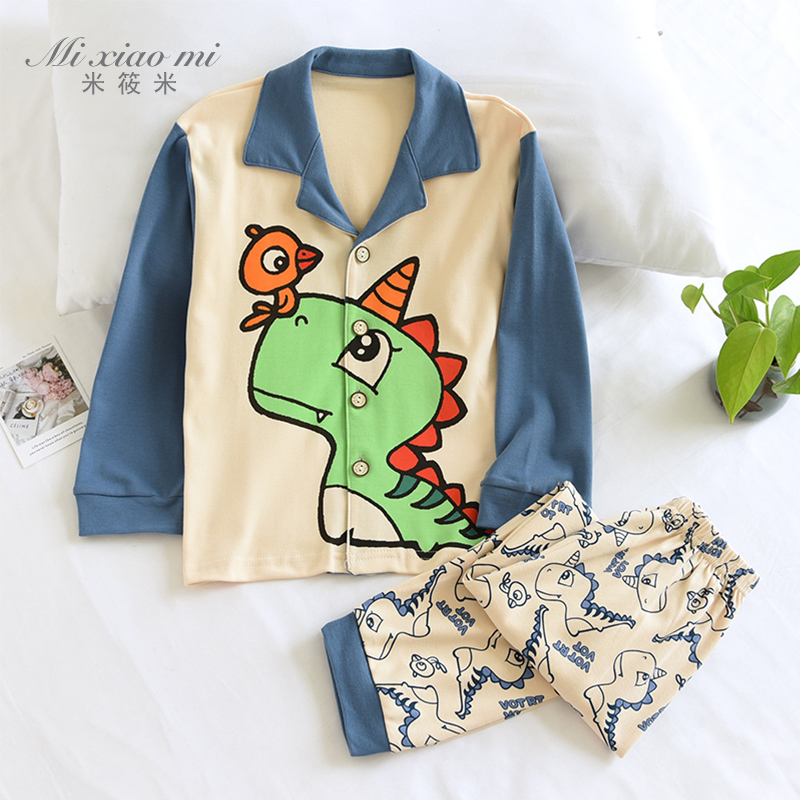 米筱米新款儿童春秋纯棉睡衣套男童中大童宝宝小童棉毛全棉家居服