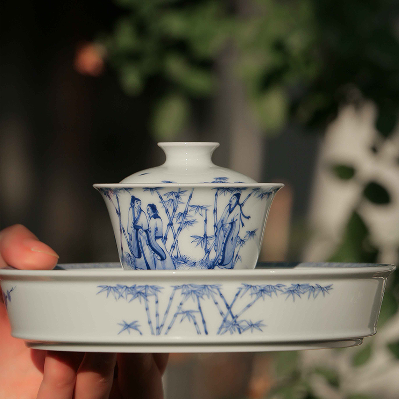 鼎宗妙也景德镇纯手工手绘青花陶瓷 竹林七贤壶承/盖碗