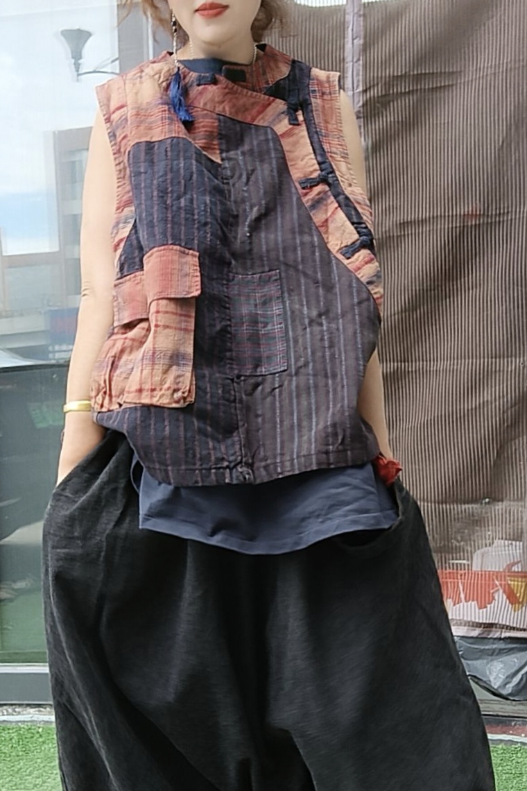 无吊牌磨白做旧老布拼黄格双层盘扣马夹直播间自选色