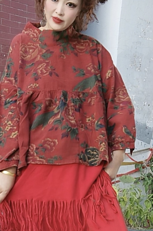 无吊牌炒色做旧红花双层娃娃衫上衣