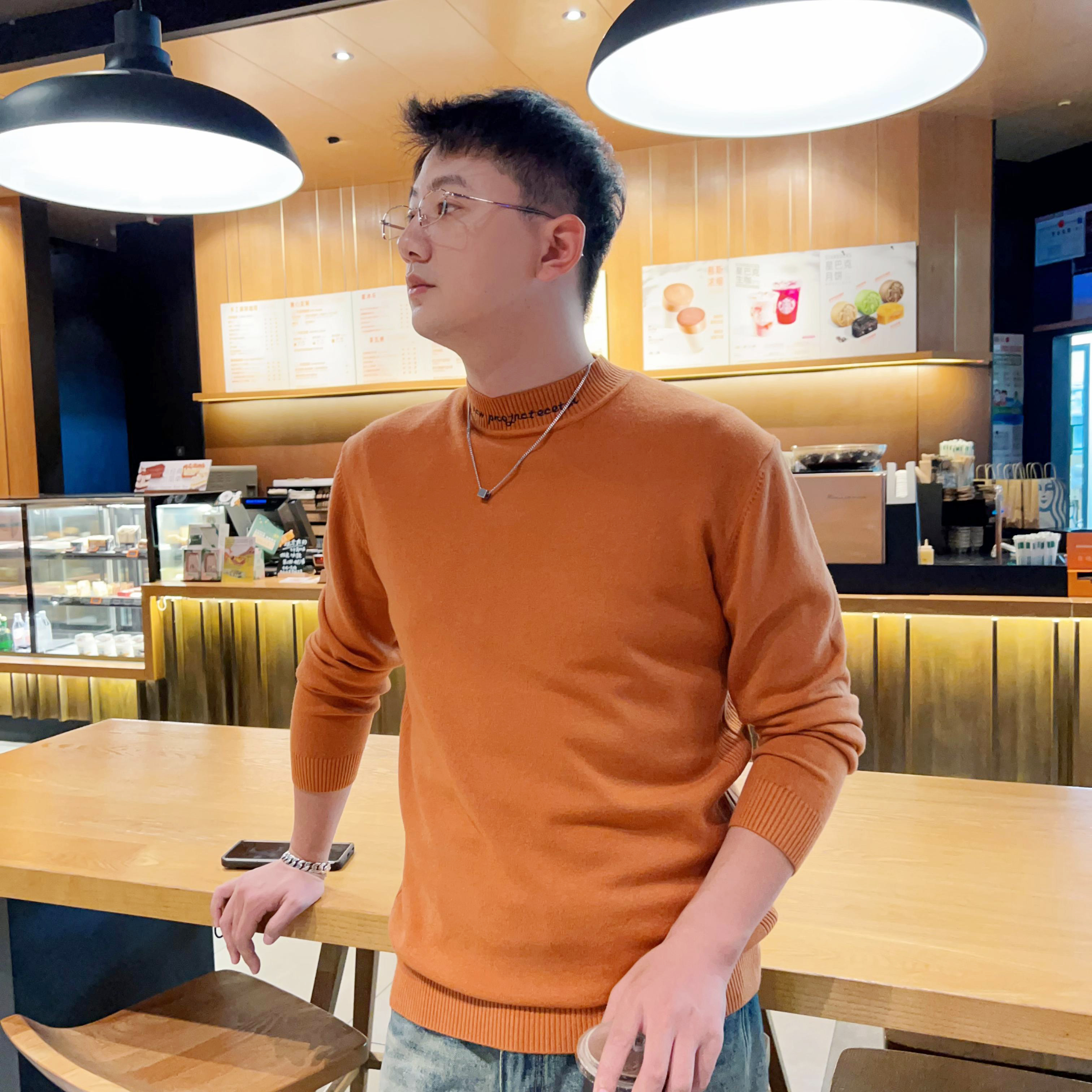 秋冬新款字母刺绣简约半高领保暖打底毛衣情侣款糖果色百搭休闲