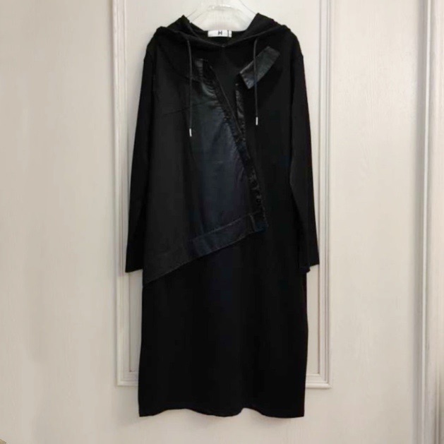 2025春秋新款大码女装休闲宽松个性拼接韩版长袖连帽中长款连衣裙