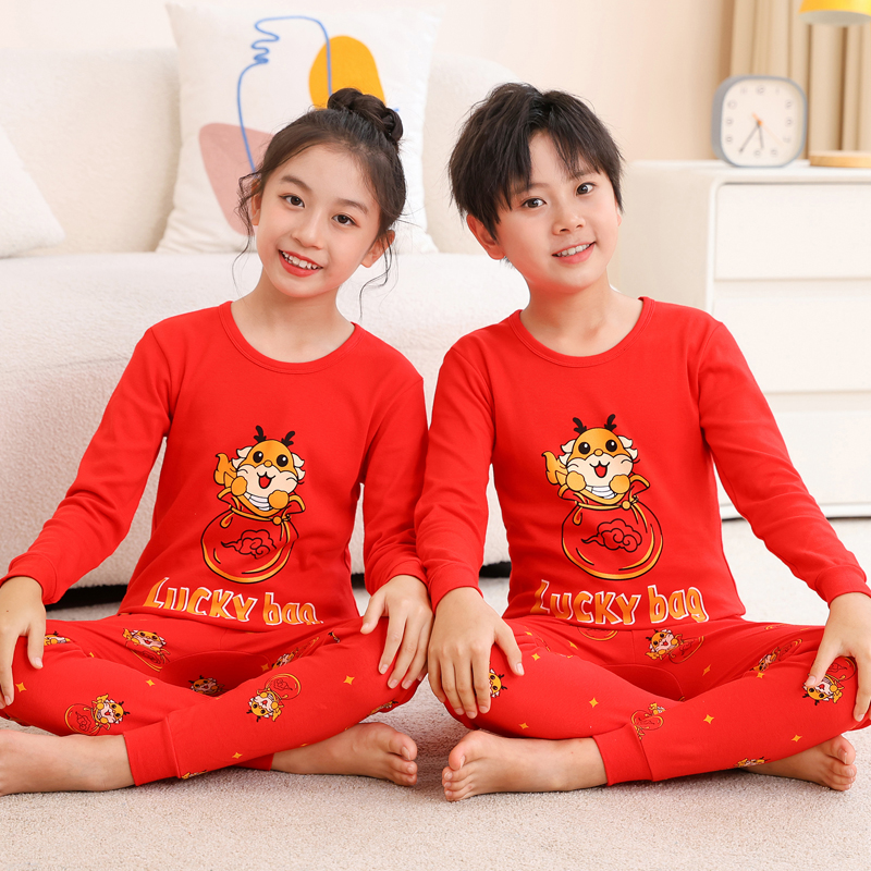 儿童大红色本命年纯棉内衣套装男童女童保暖青少年中大童秋衣秋裤