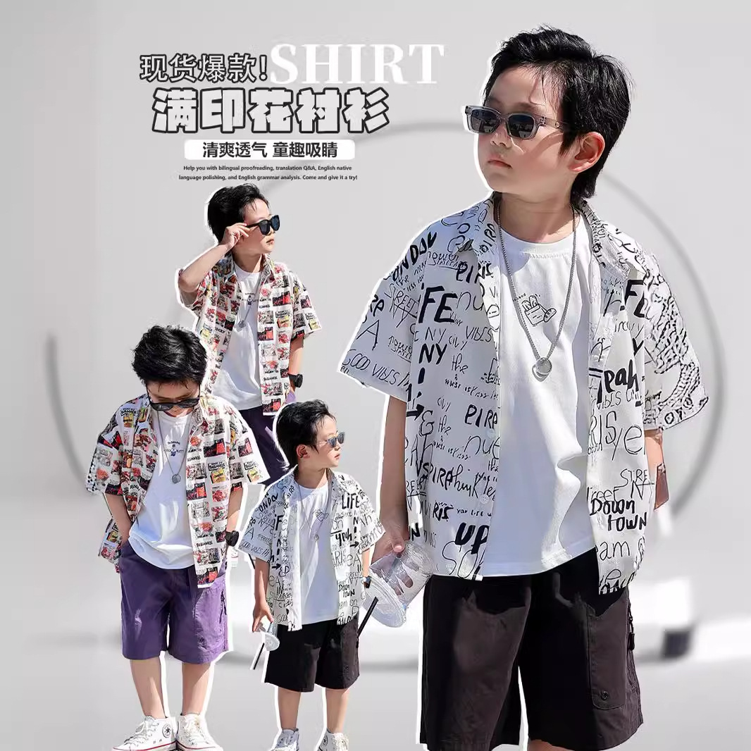 爆款男童花衬衫夏季新款儿童短袖衬衣韩版满身卡通印花童装上衣