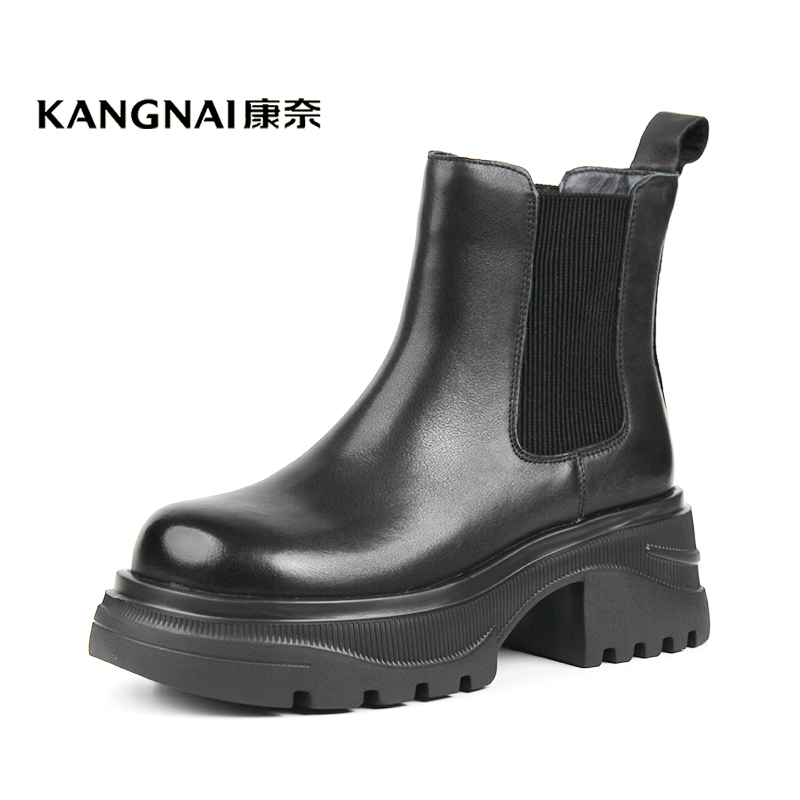 Kangnai/康奈38470专柜正品冬牛皮轻质厚底切尔西真皮加绒女短靴