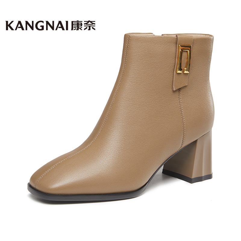 Kangnai/康奈38060专柜正品冬粗跟方头羊皮短靴时尚舒适拉链女靴