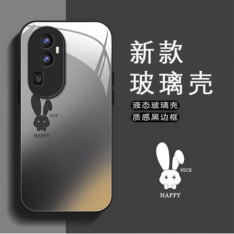 opporeno10pro黑色玻璃壳石墨黑渐变兔子手机壳女新款保护套可爱