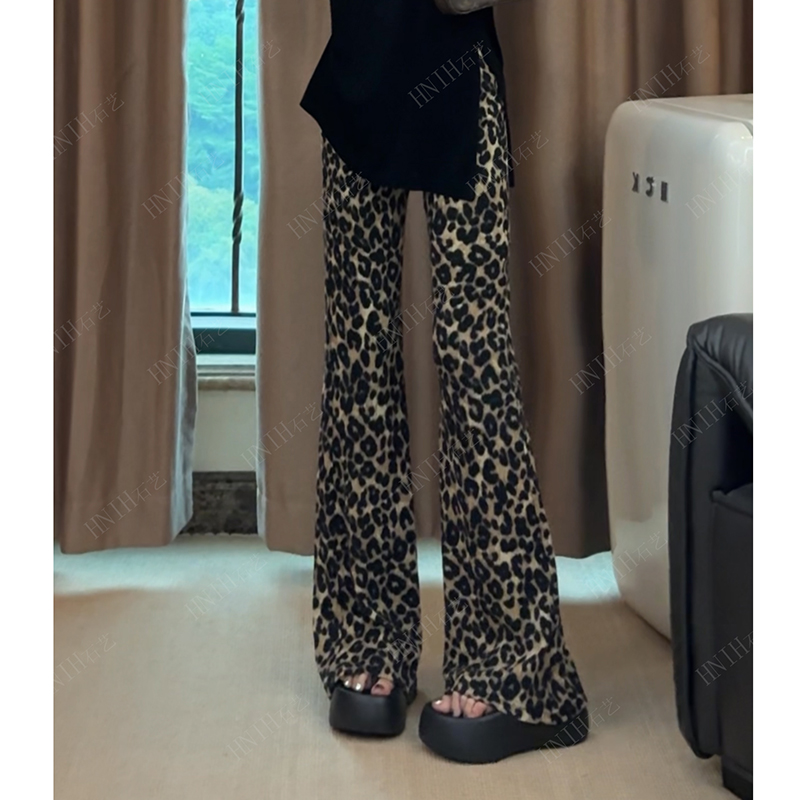 HNIH石艺2024夏季新款高腰时尚豹纹显瘦印花复古80609休闲微喇裤