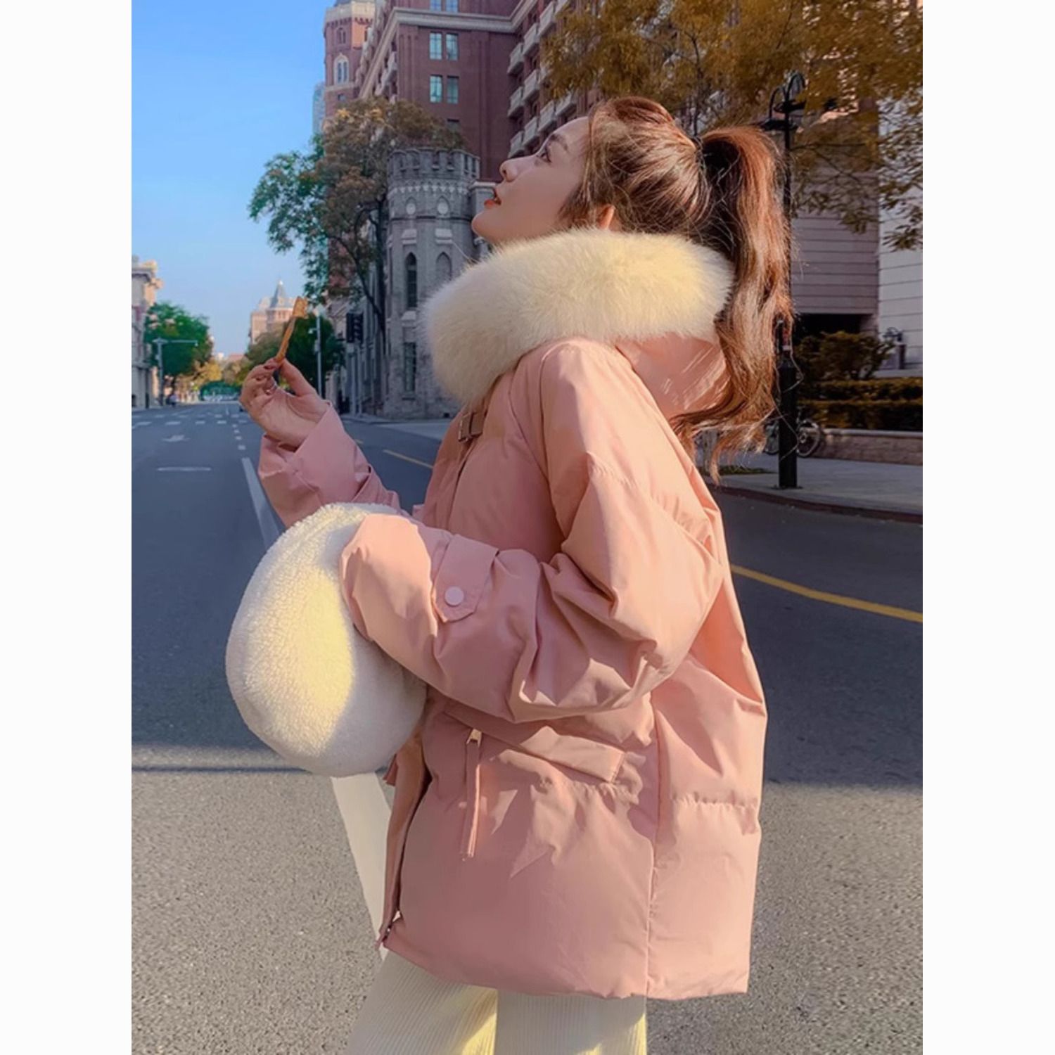 2023新款白鸭绒大毛领粉色羽绒服女冬季外套加厚今年流行爆