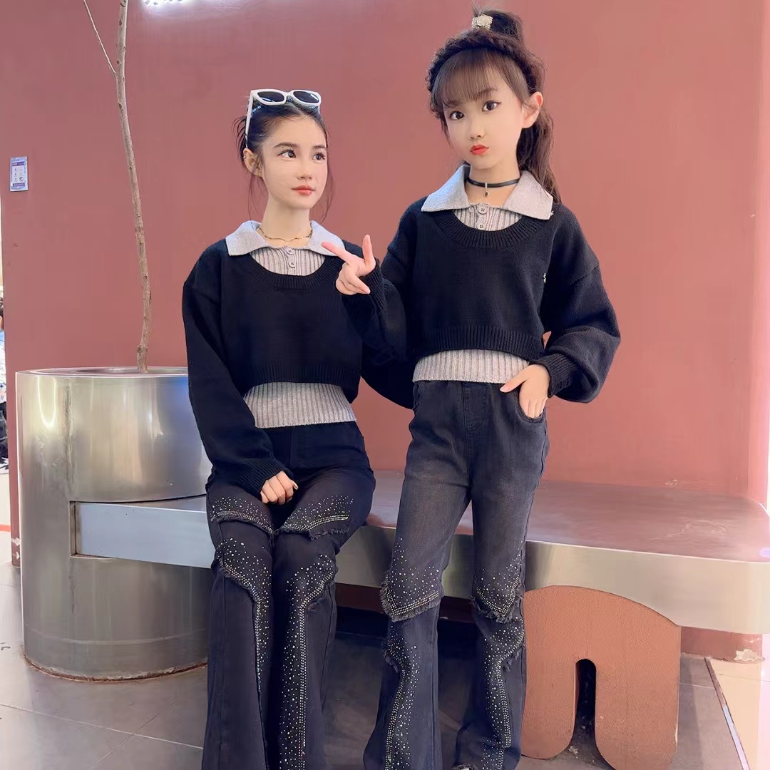 韩版时髦衬衫领毛衣两件套女童春秋新款洋气显瘦烫钻喇叭裤套装潮