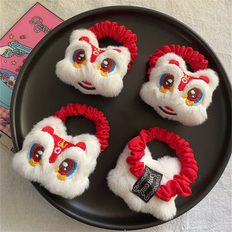 春节中国红爱国国潮醒狮毛绒发圈新年醒师发夹红色龙年发圈发饰
