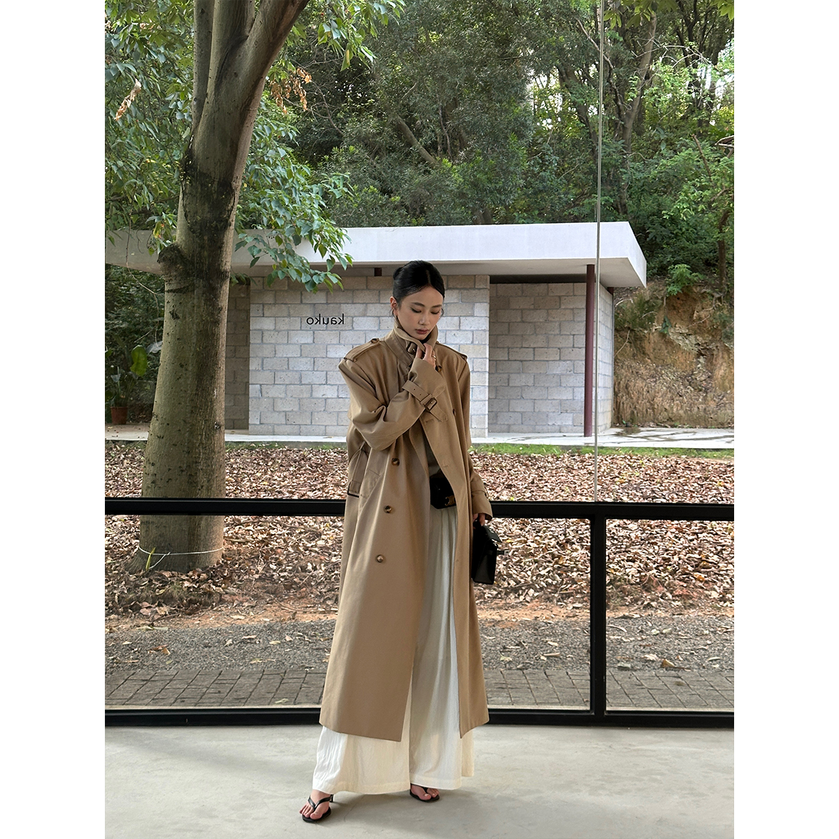 VENUIE秋季新款风衣过膝女款双排扣外套卡其色中长款风衣06223