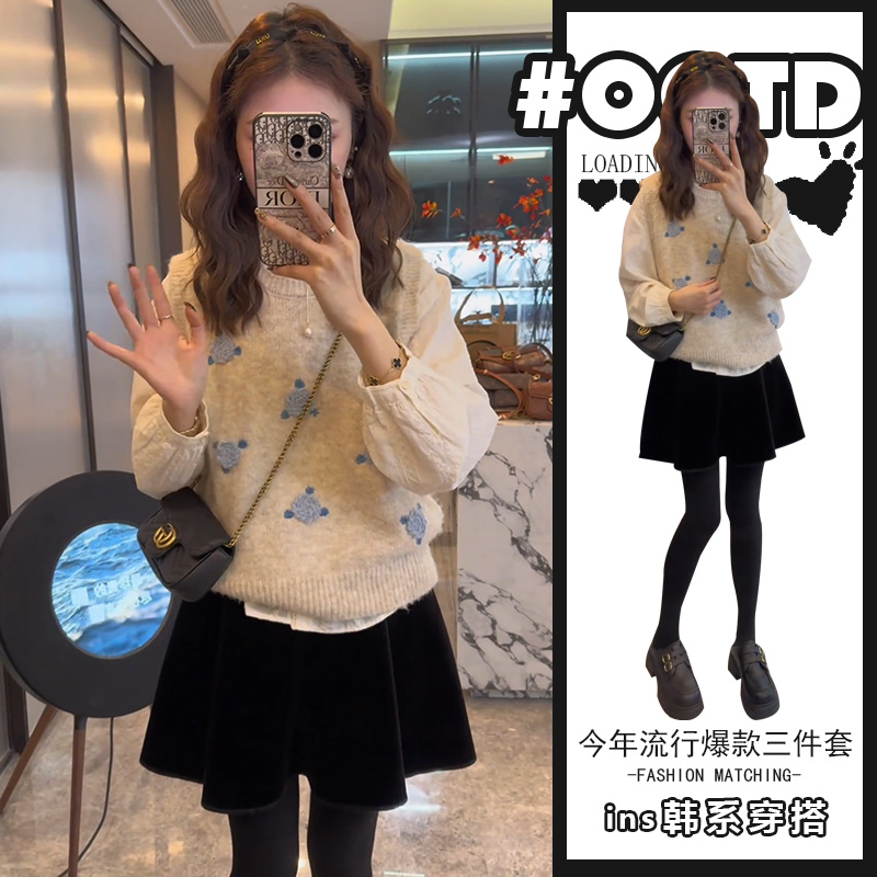 韩系学院风三件套女时尚针织马甲洋气显瘦长袖衬衫高腰遮肚半身裙