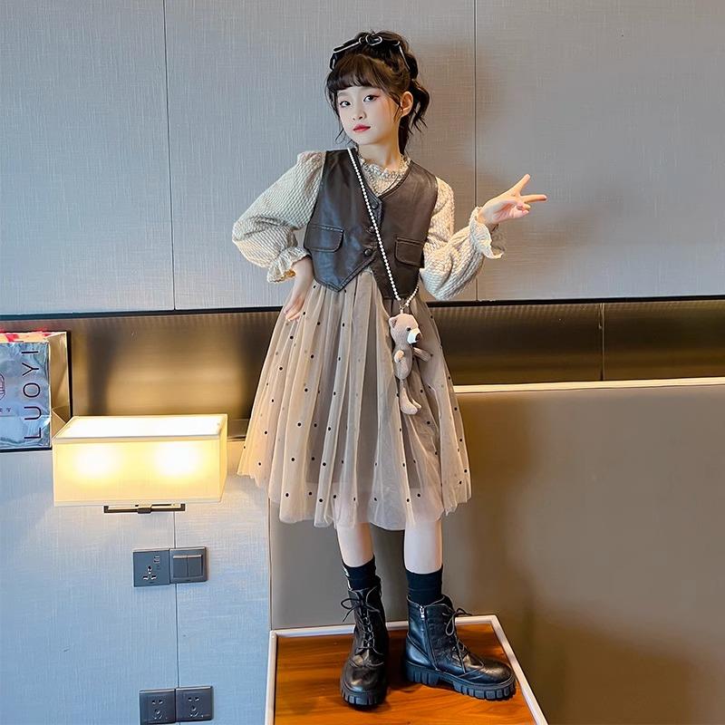 女童春装爆款连衣裙小女孩皮马甲纱裙套装2024新款儿童春秋公主裙