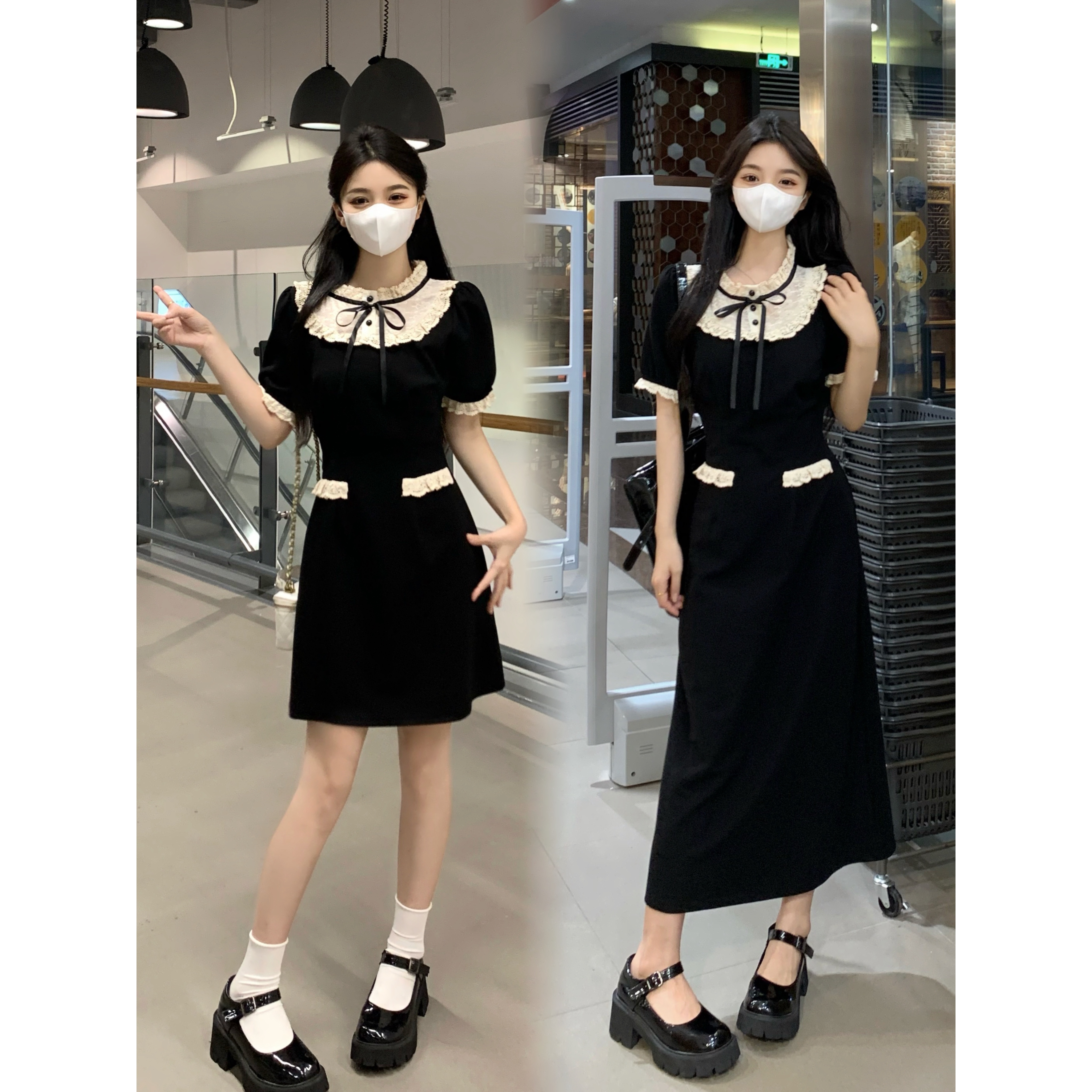大码胖mm夏季荷叶边蕾丝连衣裙女韩版时尚蝴蝶结泡泡袖a字短裙子