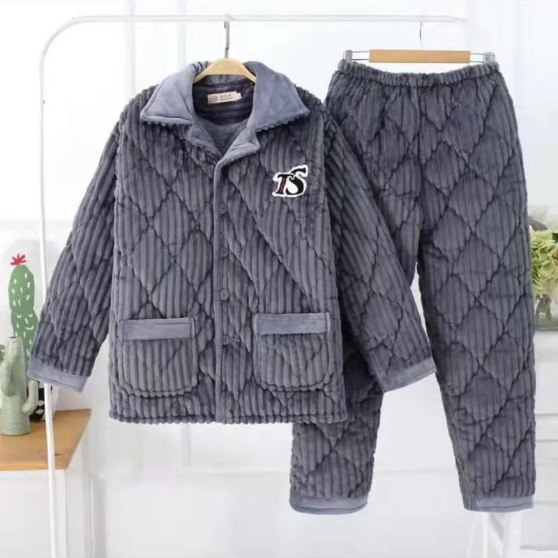 加肥加大冬款男夹棉加厚睡衣三层加绒保暖可外穿珊瑚绒家居服套装