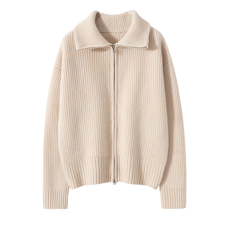 秋冬重磅加厚100%羊毛针织女开衫高领长袖纯色宽松纯羊毛拉链外套