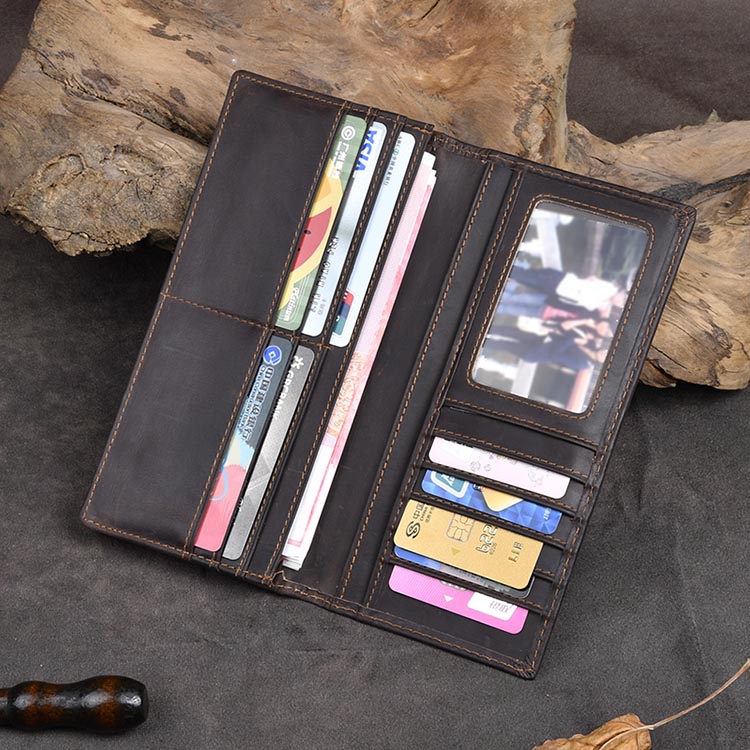 男士复古疯马牛皮长款钱包真皮头层牛皮钱夹文艺简约皮夹休闲