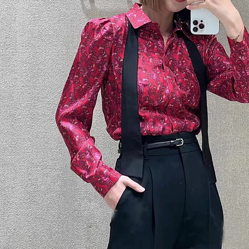 真丝衬衫女长袖斜纹绸印花桑蚕丝女士衬衣DN0065