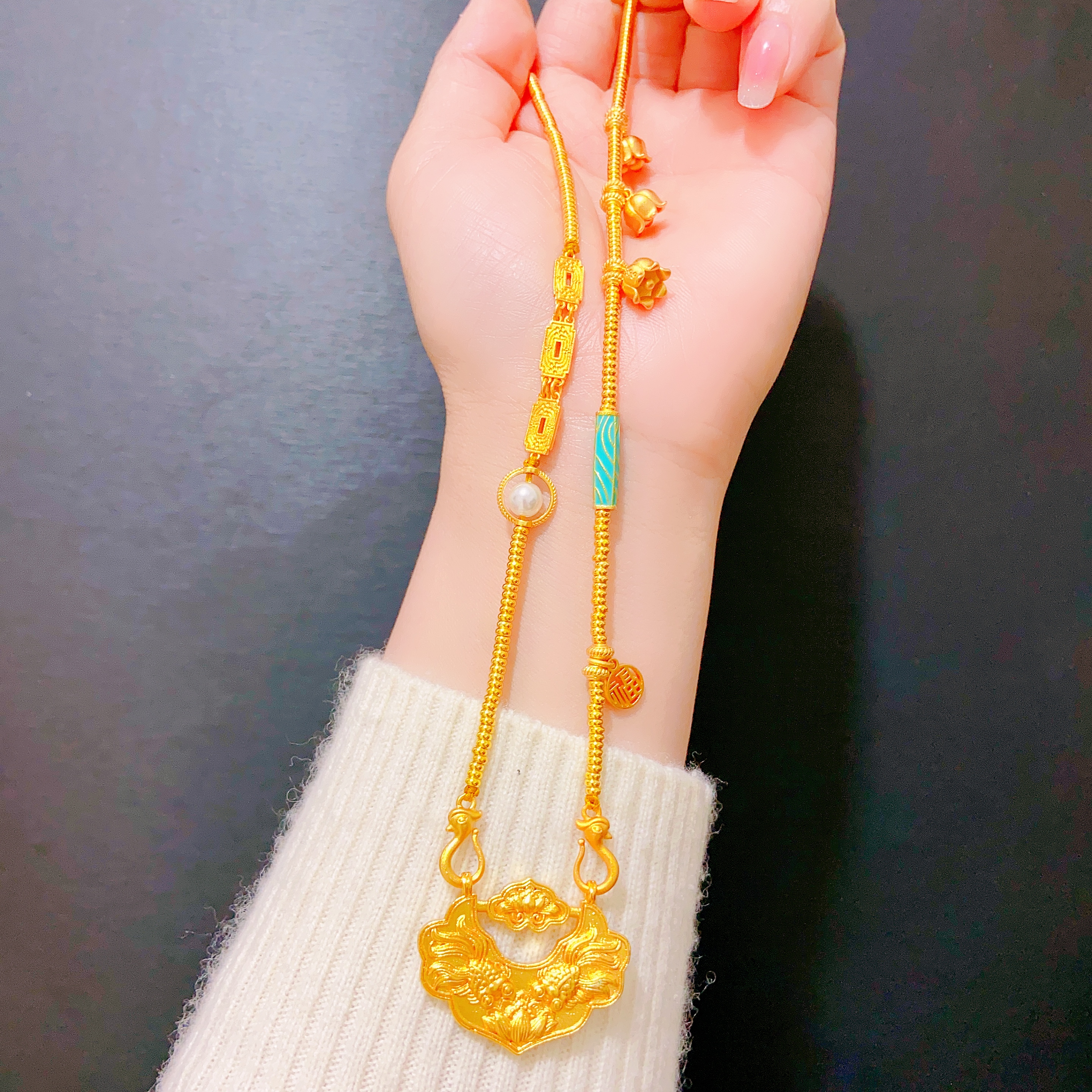 雕创 铜合金仿珍珠吊坠 锦鲤锁绿色珠配饰项链（50长）时尚A58 女款