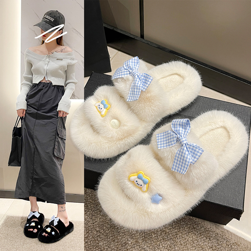 A0455超仙甜系毛毛拖鞋女玉桂狗一字拖鞋学生宿舍保暖防滑棉拖鞋