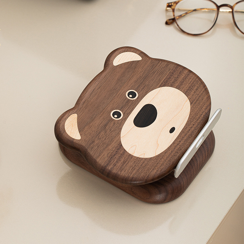 黑胡桃小熊平板手机iPad支架可折叠可伸缩360度旋转支架纯实木