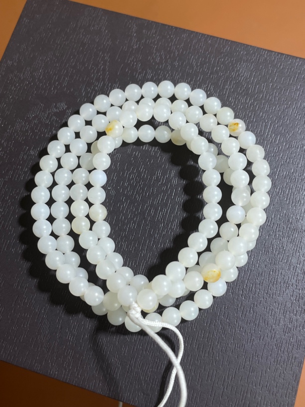 精品新疆和田玉白玉多颗留皮多圈手串项链 白度佳细腻油润 4.5MM